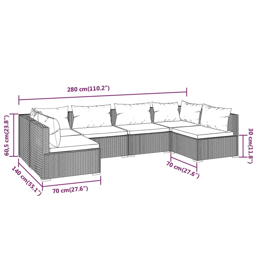 Salon de jardin 6 pcs avec coussins Résine tressée Marron - 7
