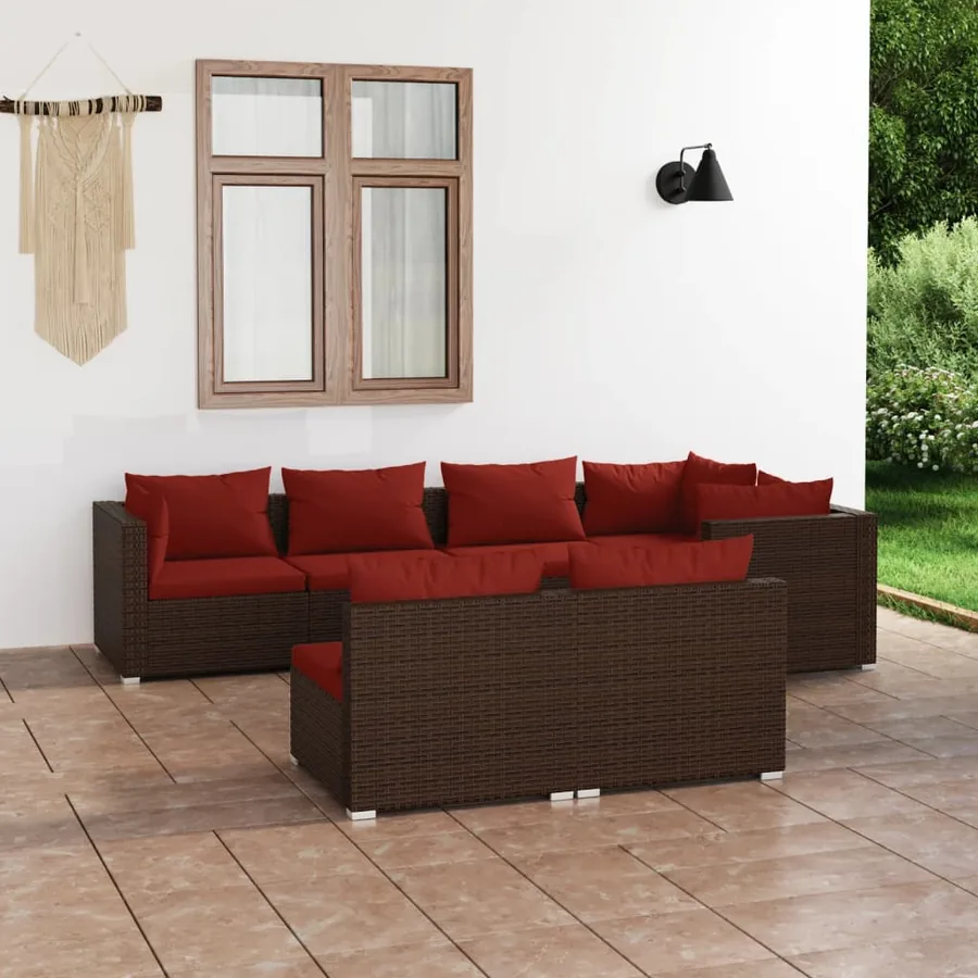 Salon de jardin avec coussins 7 pcs marron résine tressée