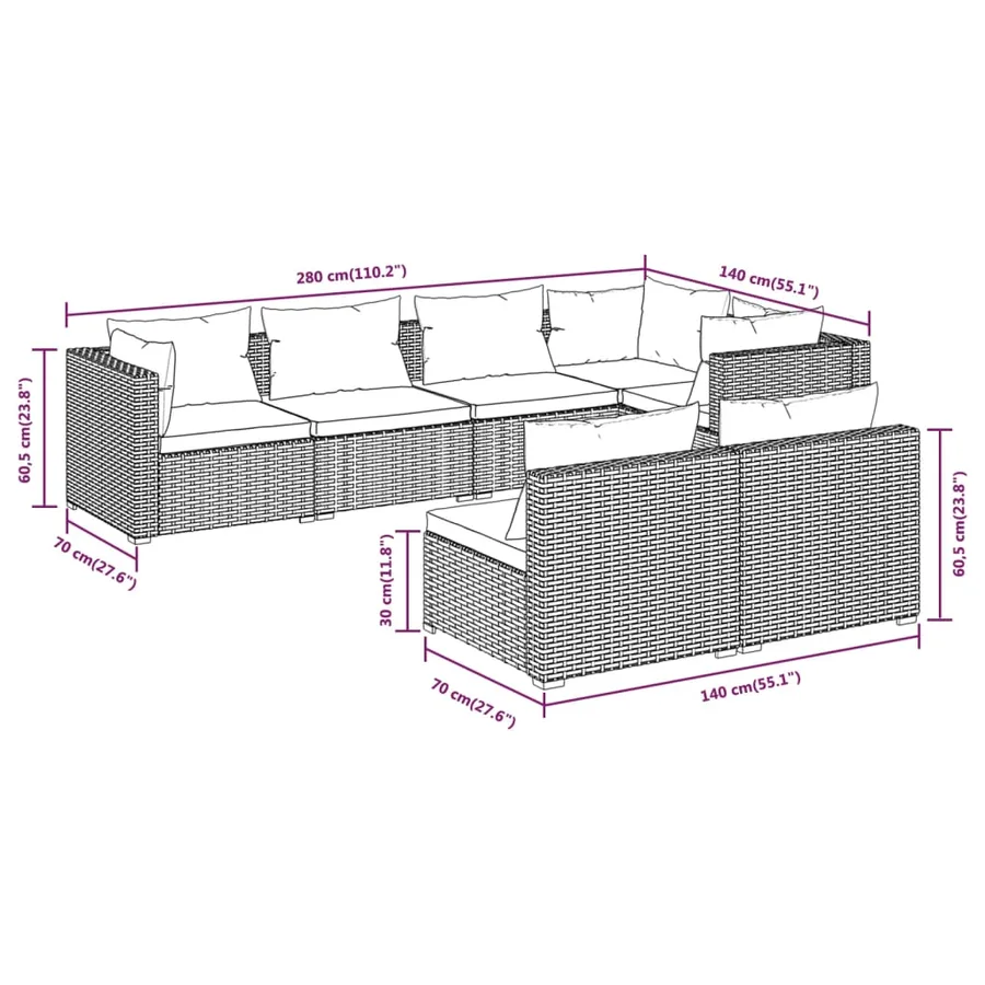 Salon de jardin avec coussins 7 pcs marron résine tressée - 5