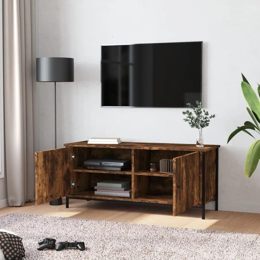Meuble TV avec portes chêne fumé 102x35x45 cm bois d'ingénierie - 3
