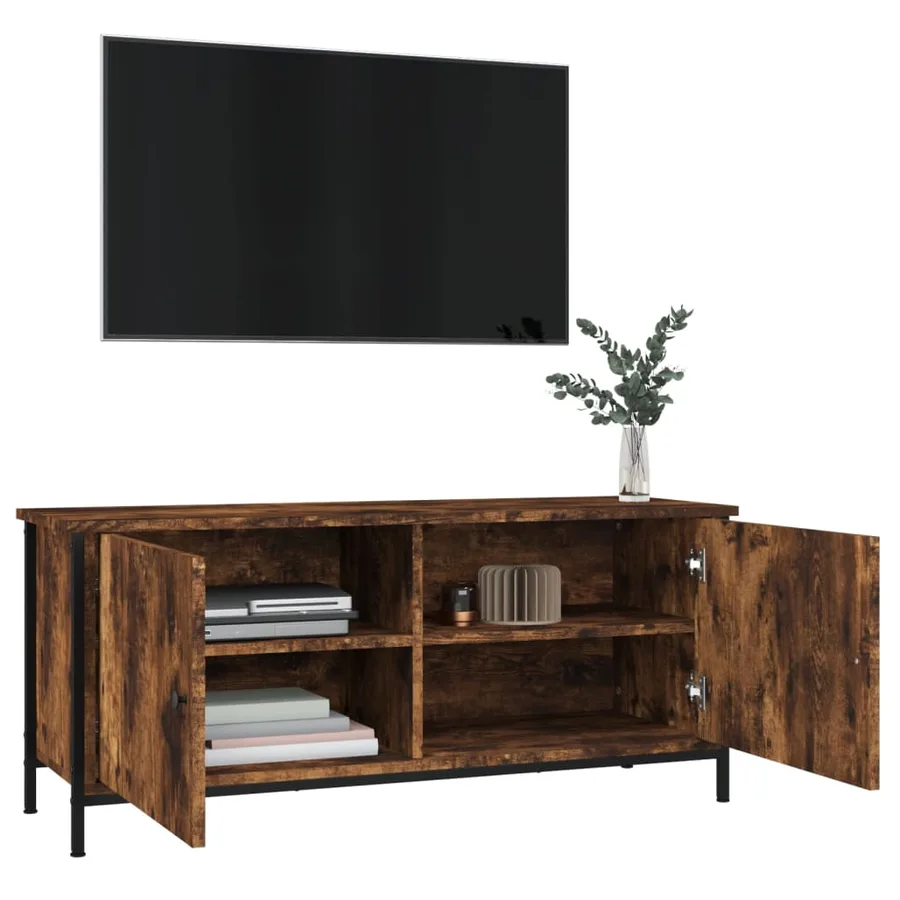 Meuble TV avec portes chêne fumé 102x35x45 cm bois d'ingénierie - 4