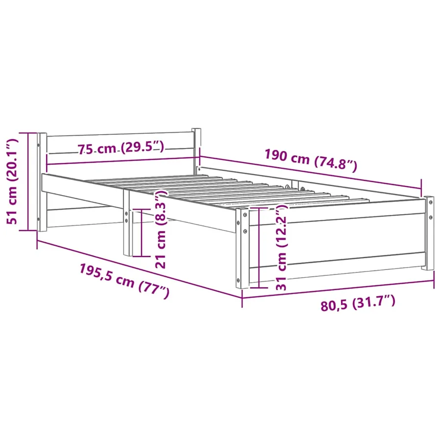 Cadre de lit sans matelas bois massif 75x190 cm - 9