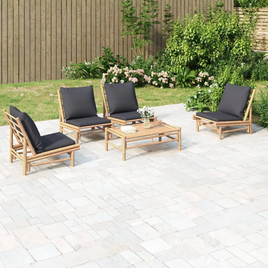 Salon de jardin 5 pcs avec coussins gris foncé bambou