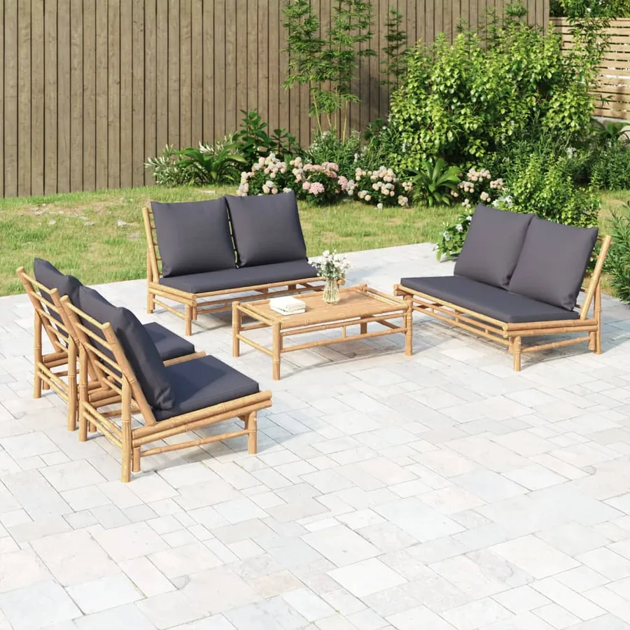 Salon de jardin 5 pcs avec coussins gris foncé bambou