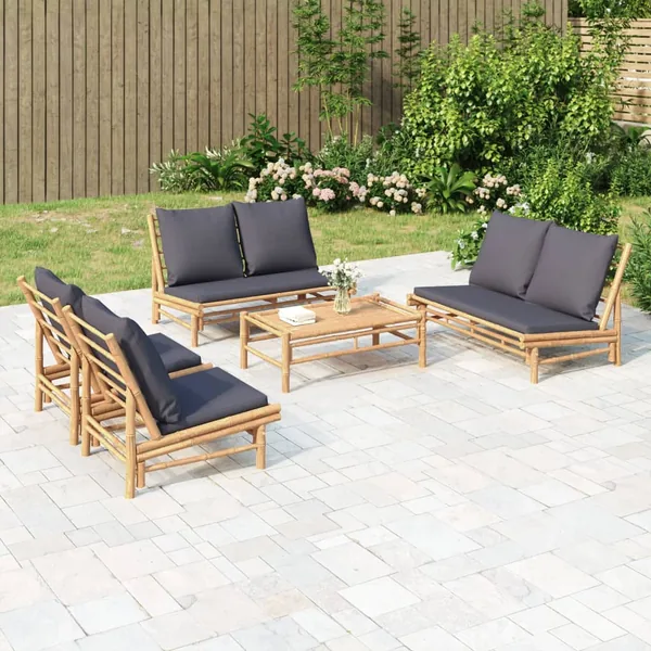Salon de jardin 5 pcs avec coussins gris foncé bambou