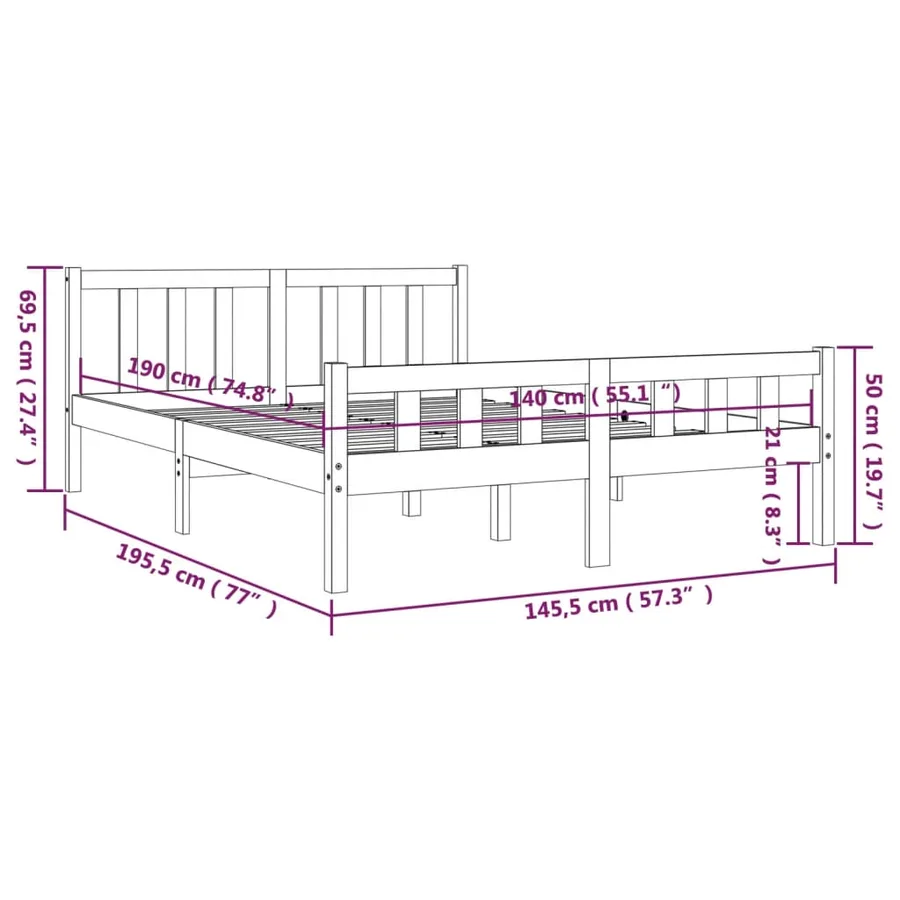 Cadre de lit sans matelas gris bois massif 140x190 cm - 9