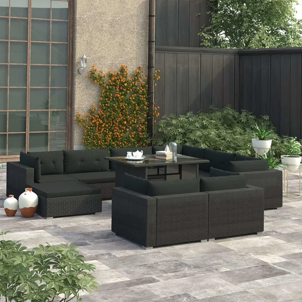 Salon de jardin 10 pcs avec coussins Résine tressée Noir
