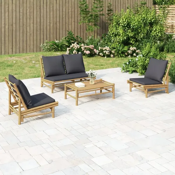 Salon de jardin 4 pcs avec coussins gris foncé bambou