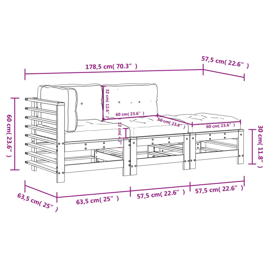 Salon de jardin 3 pcs avec coussins bois massif douglas - 9