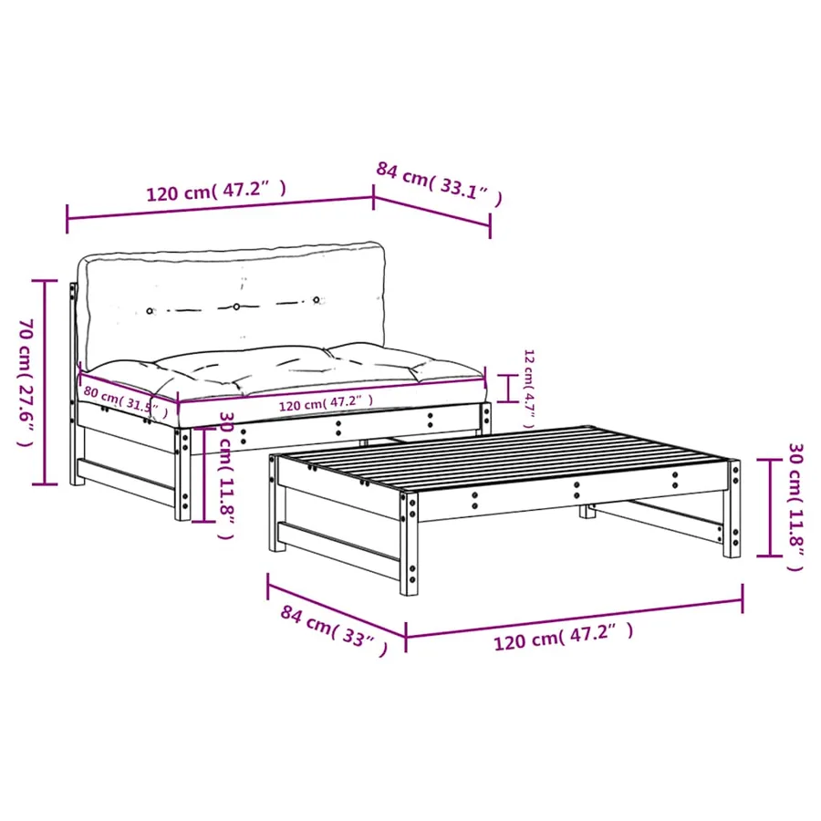 Salon de jardin 2 pcs avec coussins marron miel bois massif - 8