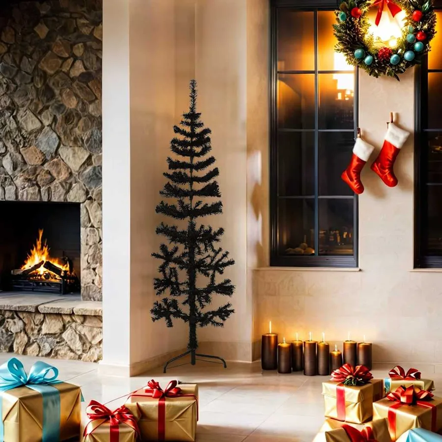 Demi sapin de Noël artificiel mince avec support Noir 150 cm - 2