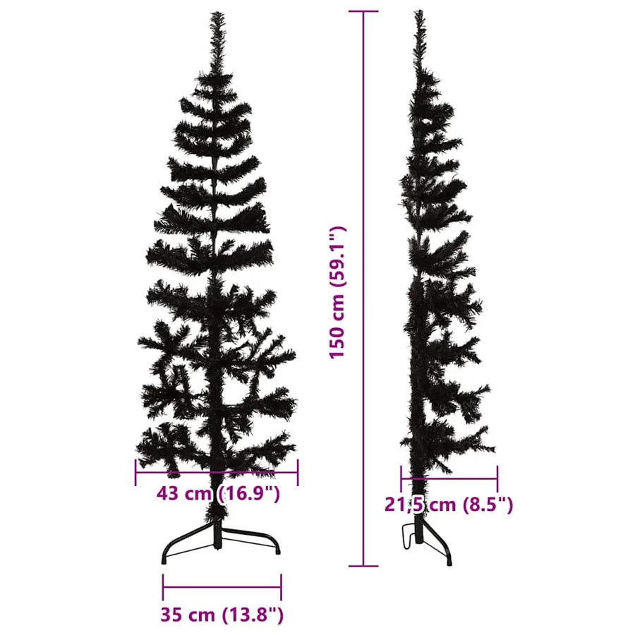 Demi sapin de Noël artificiel mince avec support Noir 150 cm - 9