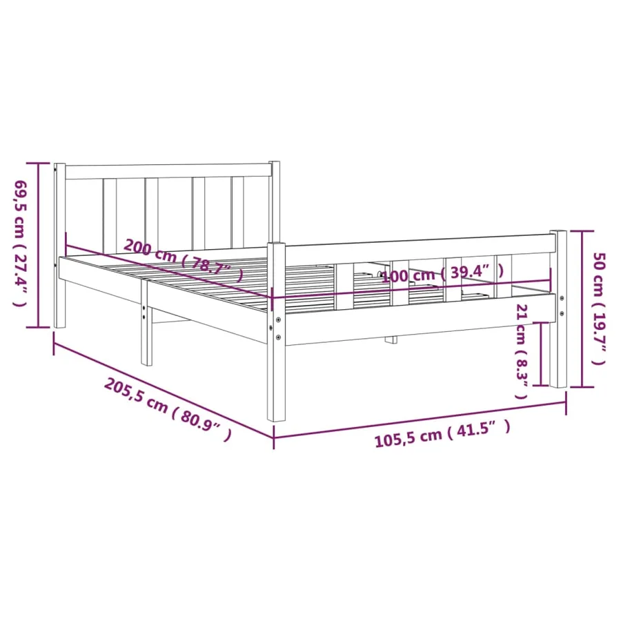 Cadre de lit sans matelas gris bois massif 100x200 cm - 9