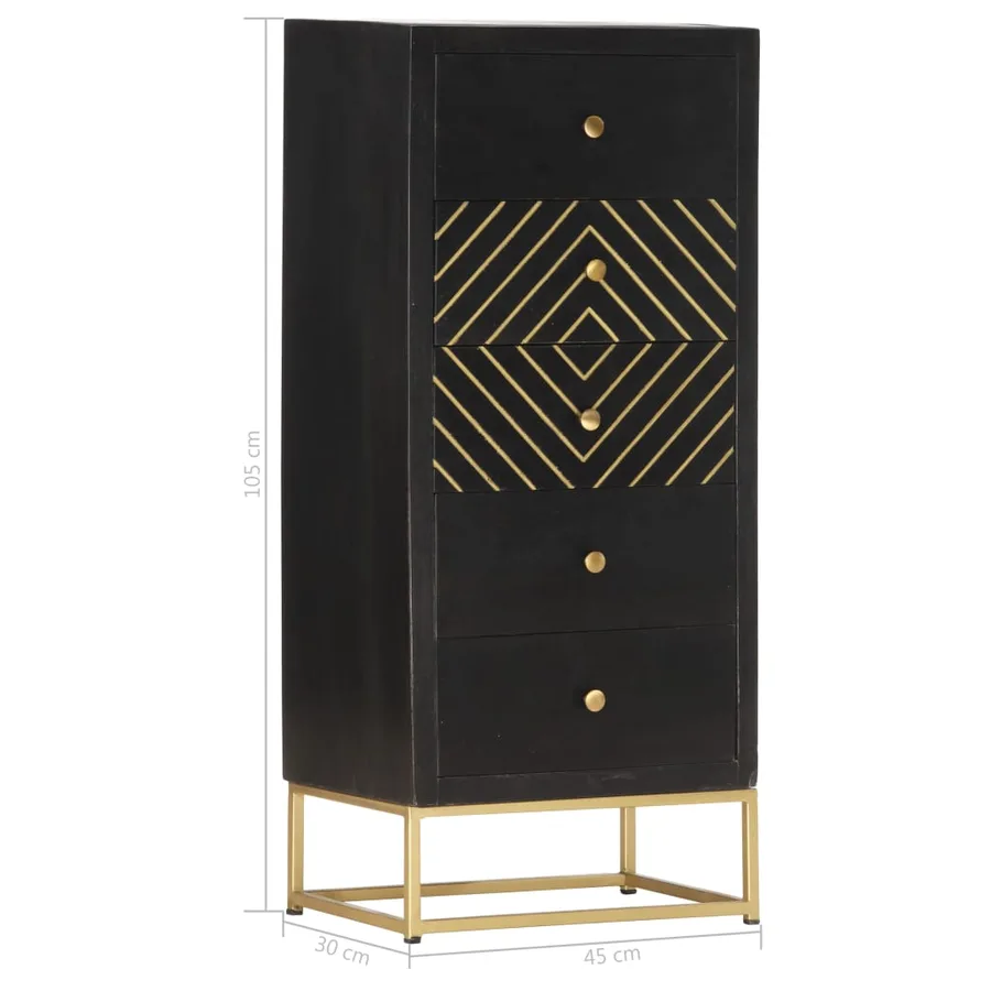 Armoire à tiroirs Noir et doré 45x30x105 cm Bois de manguier - 7