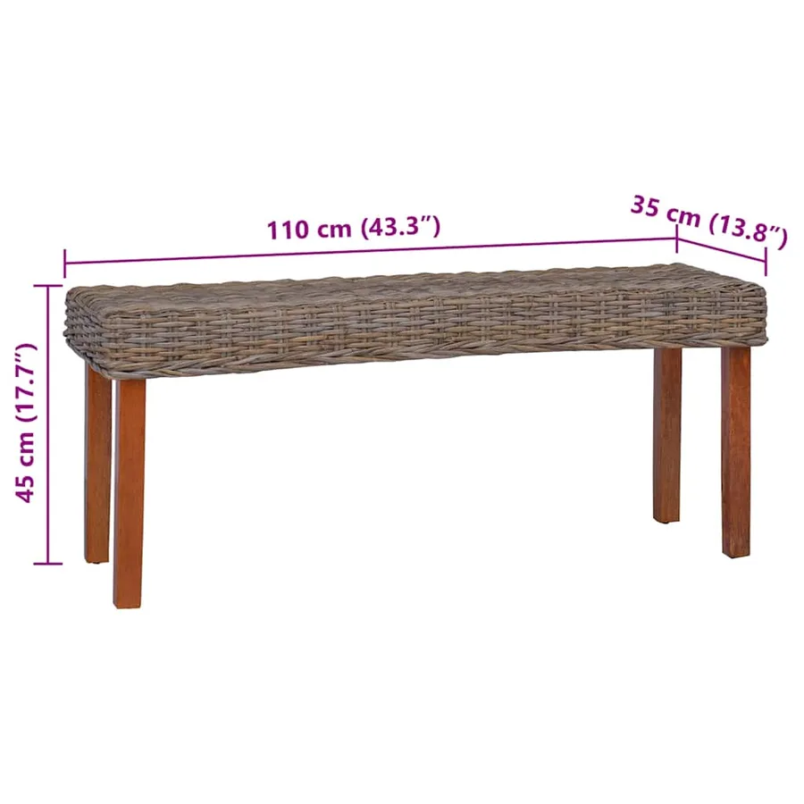 Banc 110 cm Rotin naturel kubu et bois d'acajou massif - 6