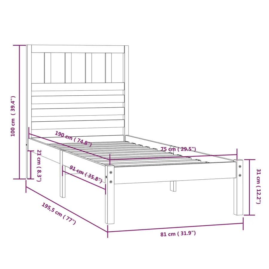 Cadre de lit sans matelas 75x190 cm bois de pin massif - 9