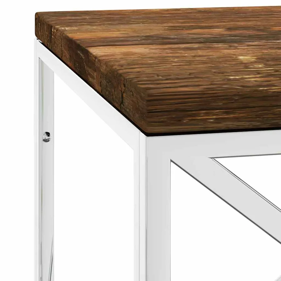 Table basse acier inoxydable et bois massif de récupération - 5