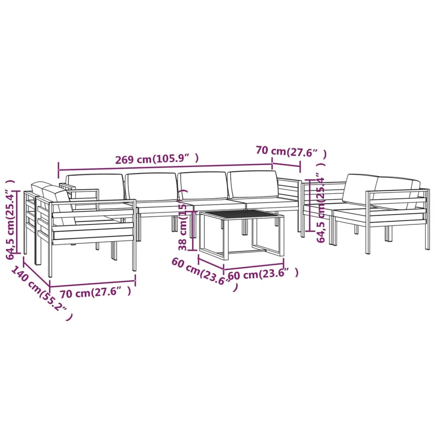 Salon de jardin 9 pcs avec coussins Aluminium Anthracite - 9