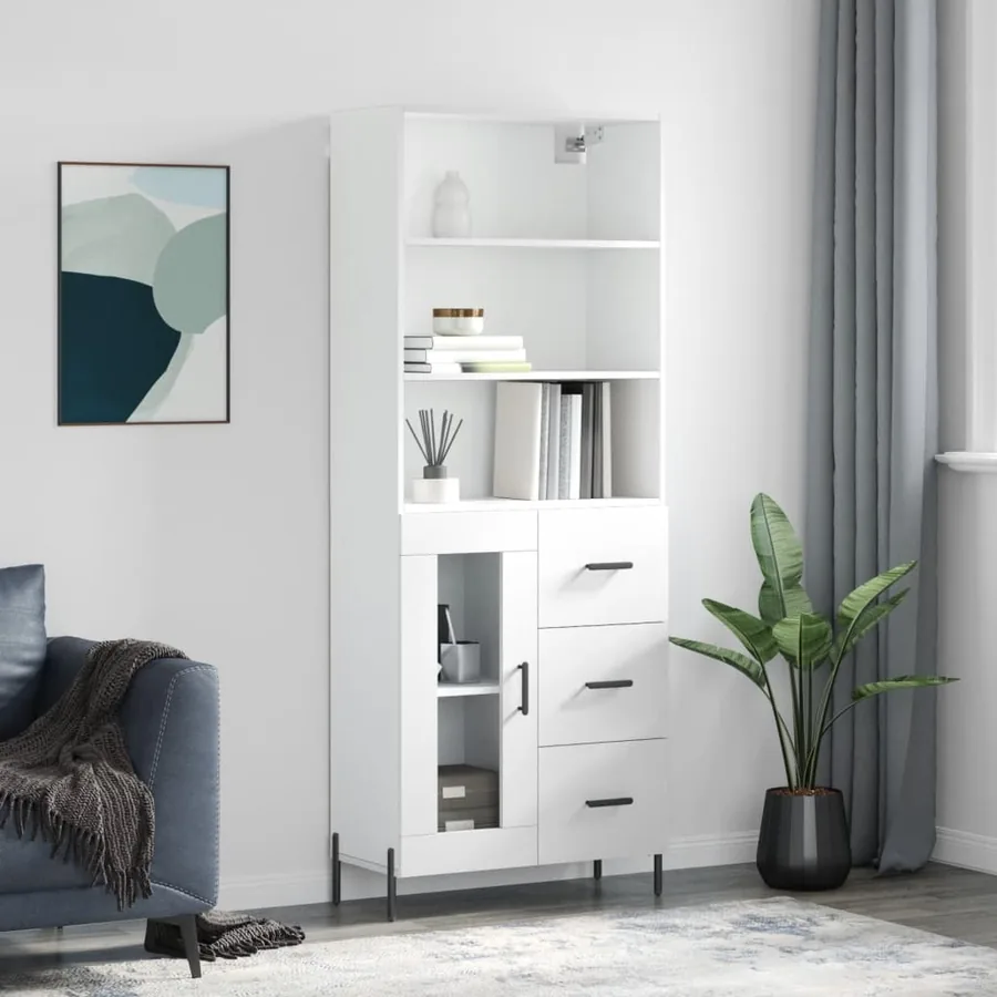 Buffet haut Blanc brillant 69,5x34x180 cm Bois d'ingénierie