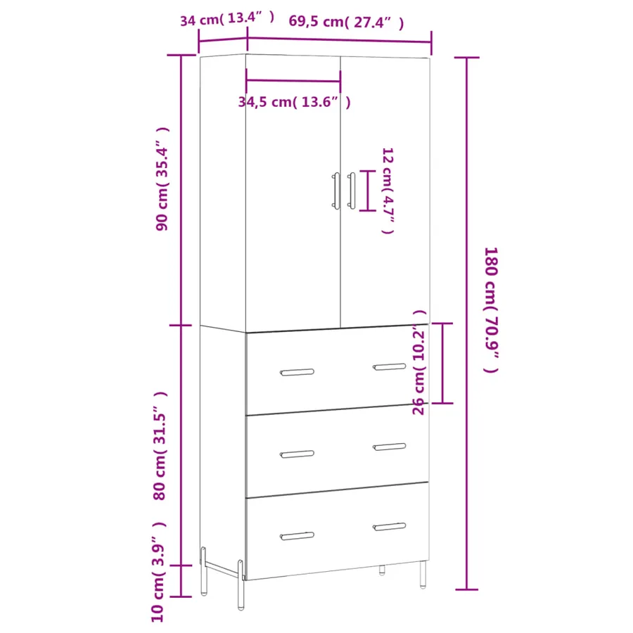 Buffet haut Gris béton 69,5x34x180 cm Bois d'ingénierie - 14