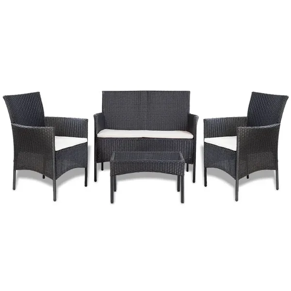 Salon de jardin 4 pcs avec coussins Résine tressée Noir