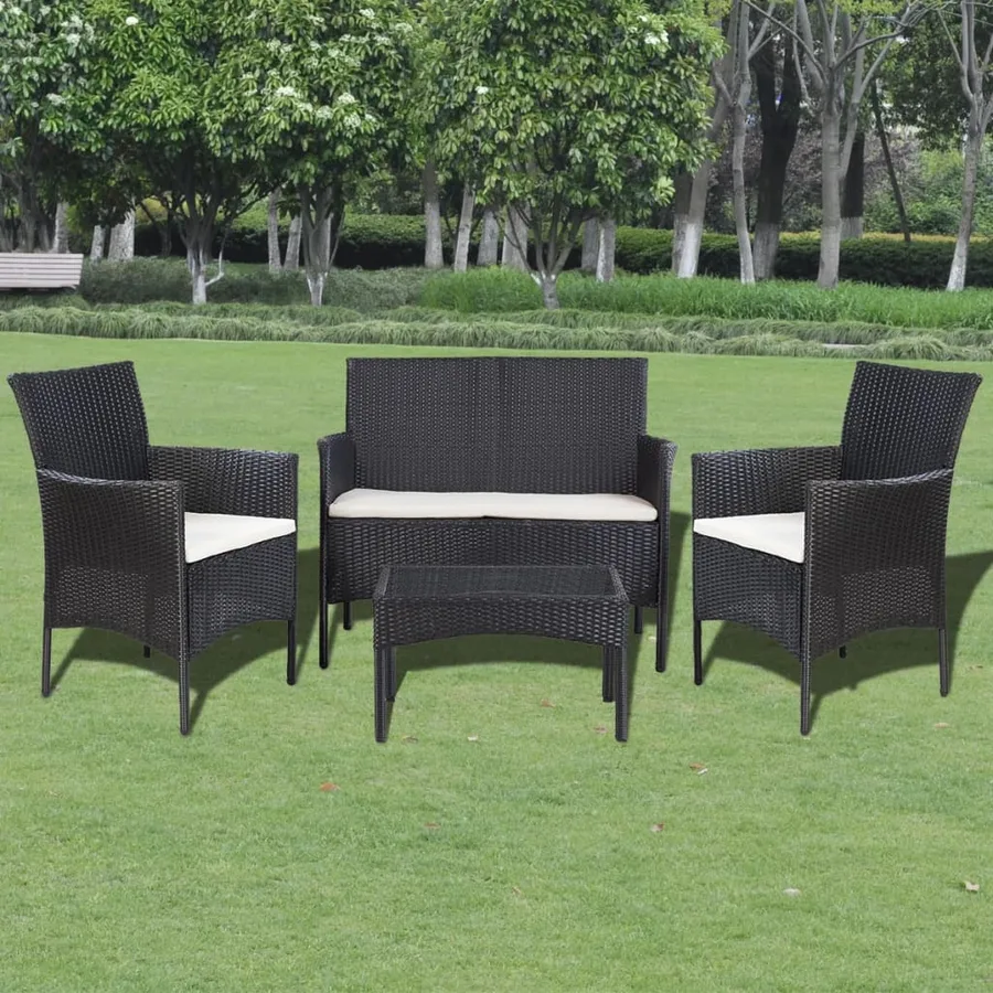 Salon de jardin 4 pcs avec coussins Résine tressée Noir - 7