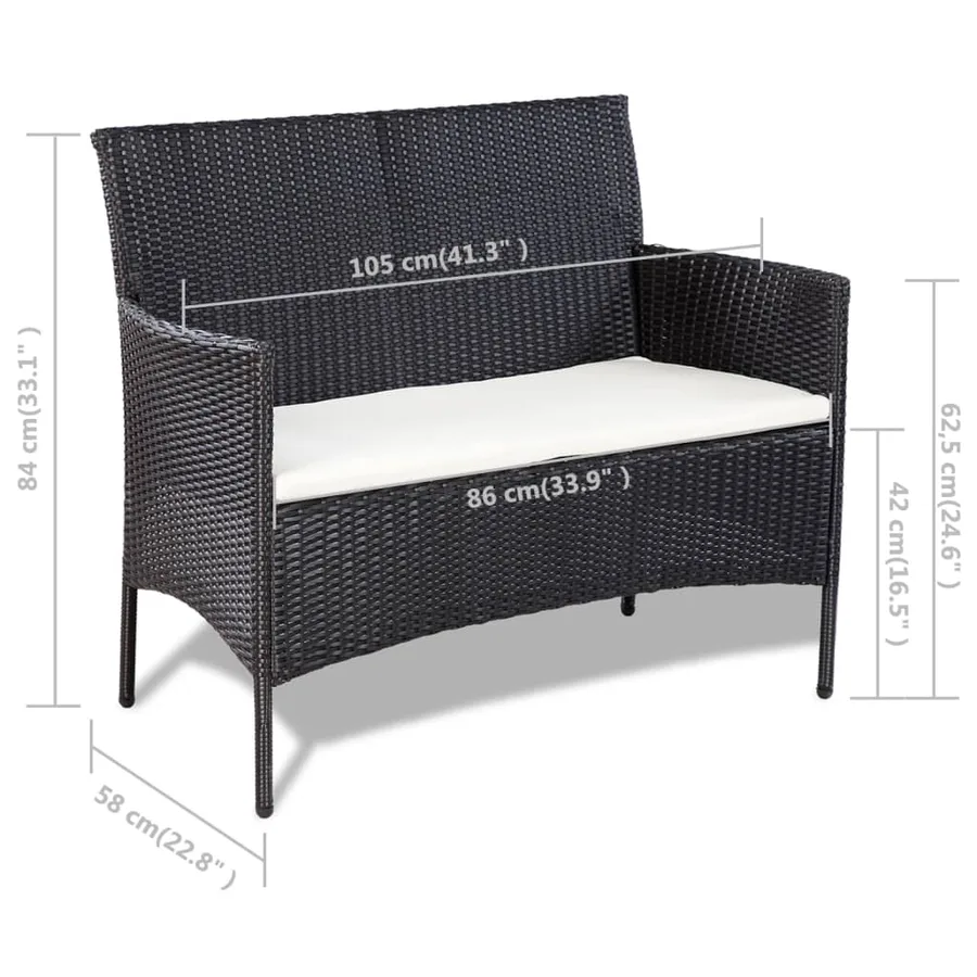 Salon de jardin 4 pcs avec coussins Résine tressée Noir - 9