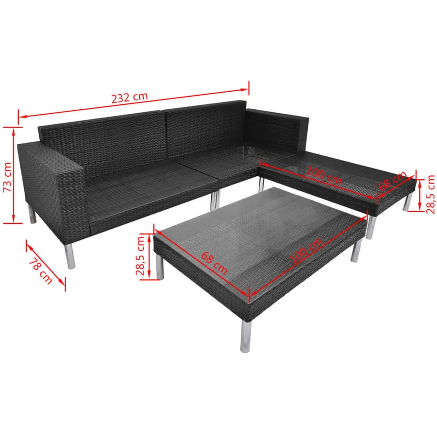 Salon de jardin 4 pcs avec coussins Résine tressée Noir - 9