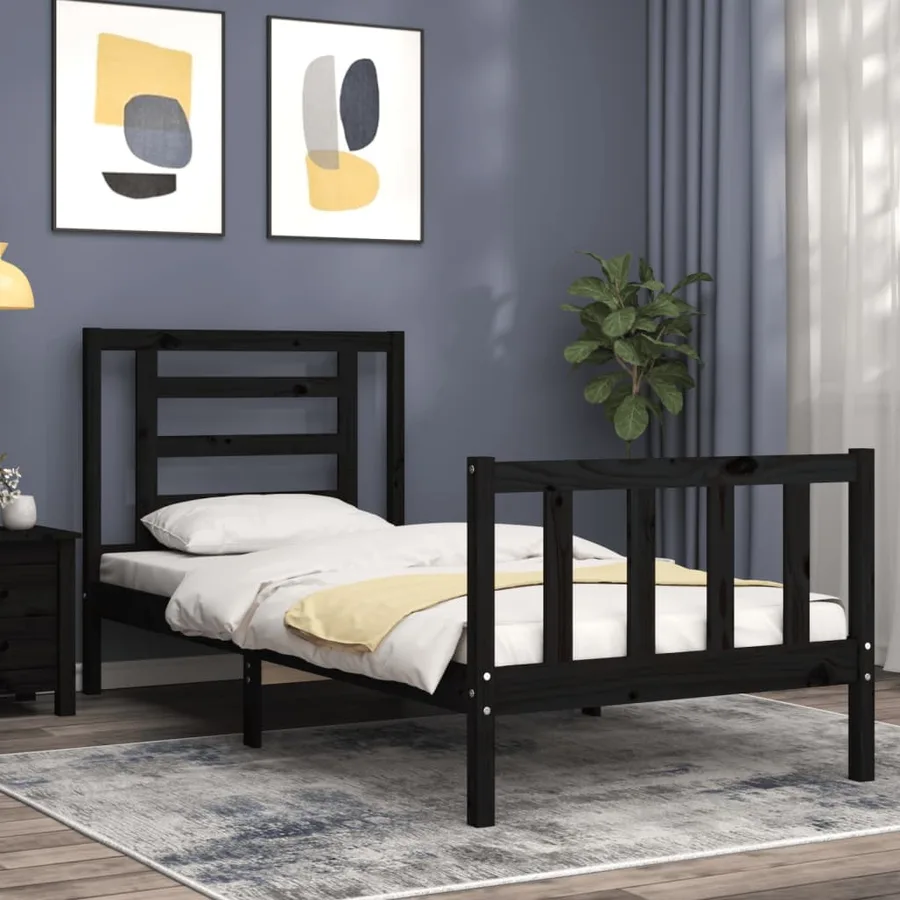 Cadre de lit sans matelas noir bois de pin massif - 3