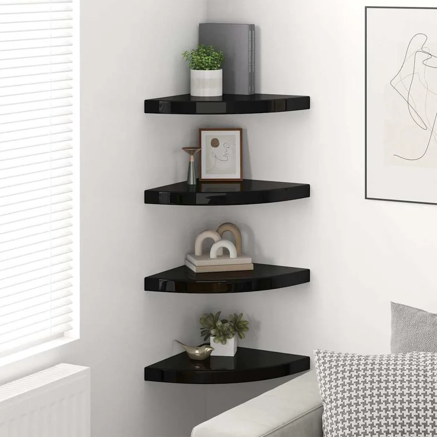 Étagères d'angle flottantes 4 pcs noir brillant 35x35x3,8cm MDF - 3