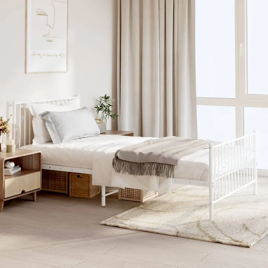 Cadre de lit métal sans matelas et pied de lit blanc 107x203 cm