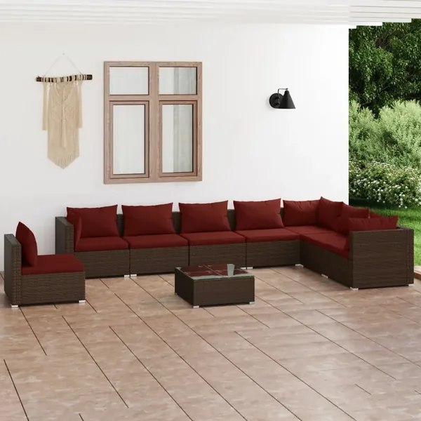 Salon de jardin 9 pcs avec coussins résine tressée marron