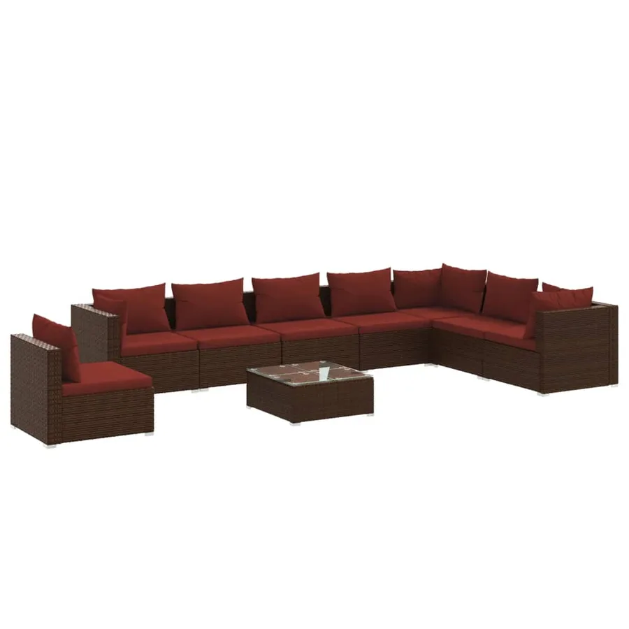 Salon de jardin 9 pcs avec coussins résine tressée marron - 2