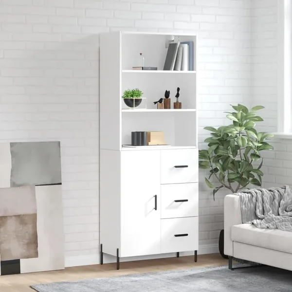 Buffet haut Blanc brillant 69,5x34x180 cm Bois d'ingénierie