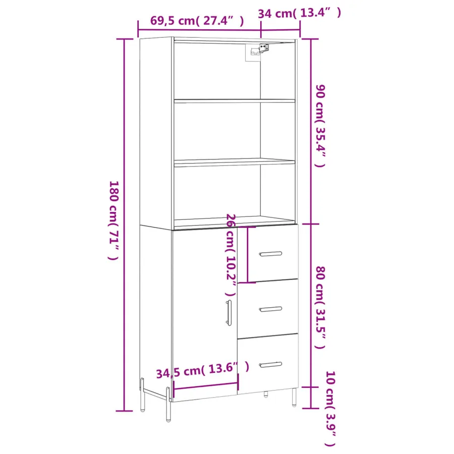 Buffet haut Blanc brillant 69,5x34x180 cm Bois d'ingénierie - 14