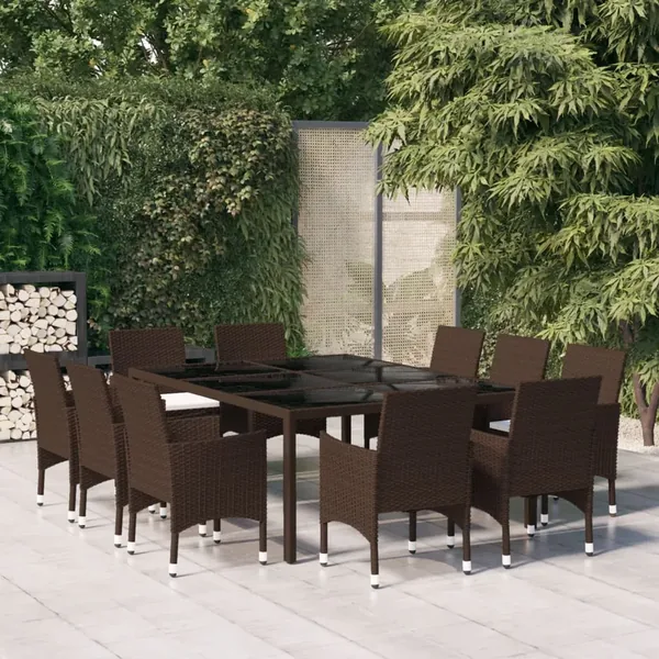 Ensemble à Manger de jardin 11pcs poly rotin bois solide brun