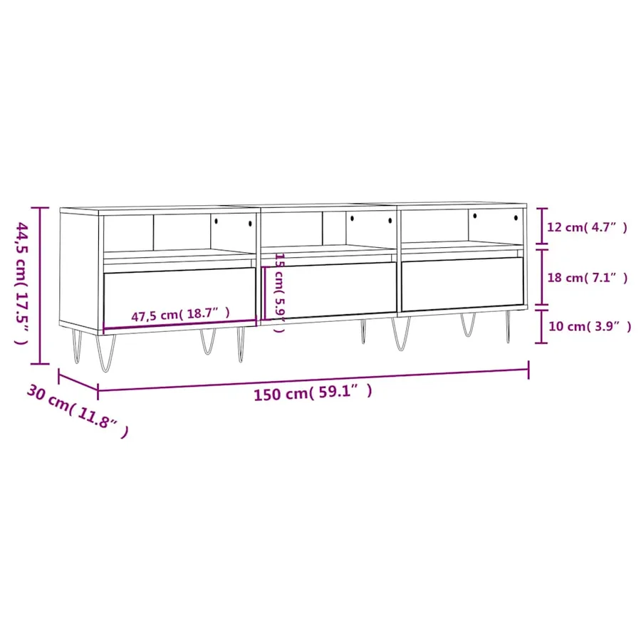 Meuble TV gris béton 150x30x44,5 cm bois d'ingénierie - 11