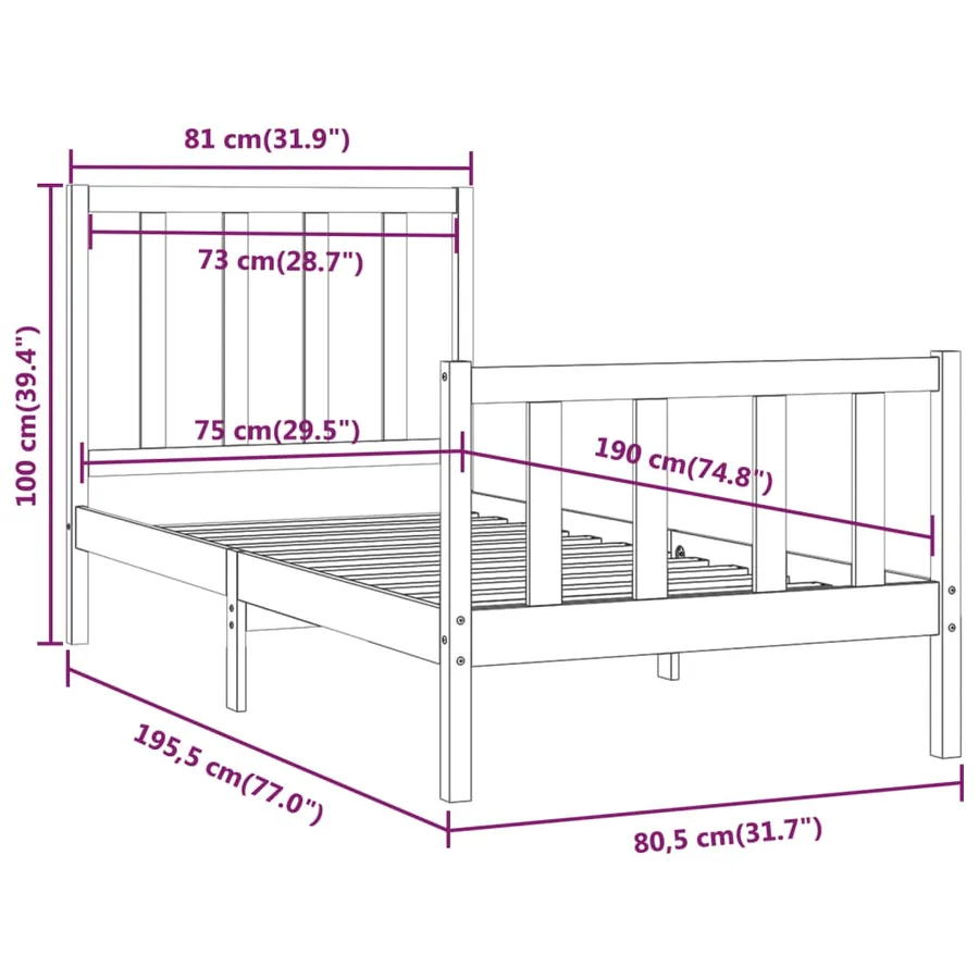 Cadre de lit sans matelas noir 75x190 cm bois massif - 6