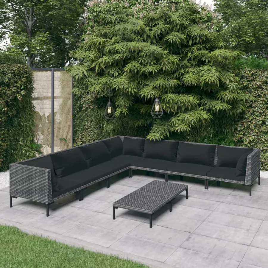 Salon de jardin 8 pcs avec coussins Résine tressée Gris foncé