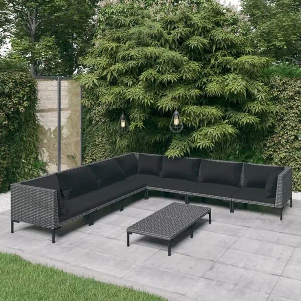 Salon de jardin 8 pcs avec coussins Résine tressée Gris foncé