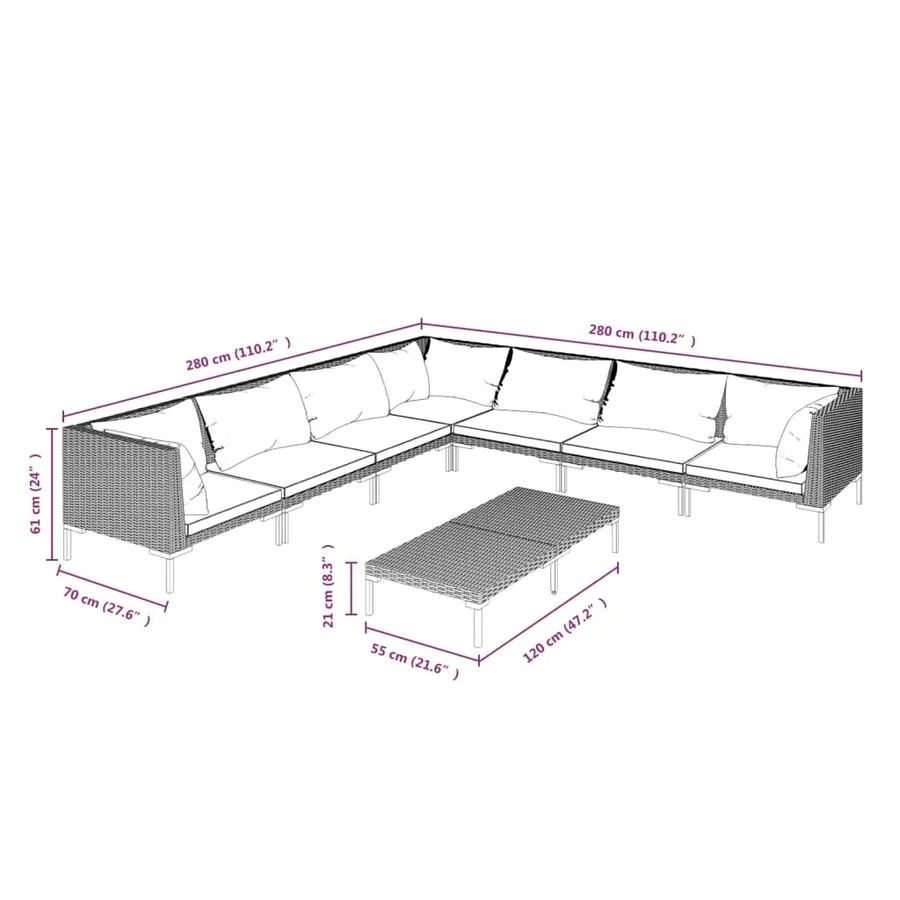 Salon de jardin 8 pcs avec coussins Résine tressée Gris foncé - 9