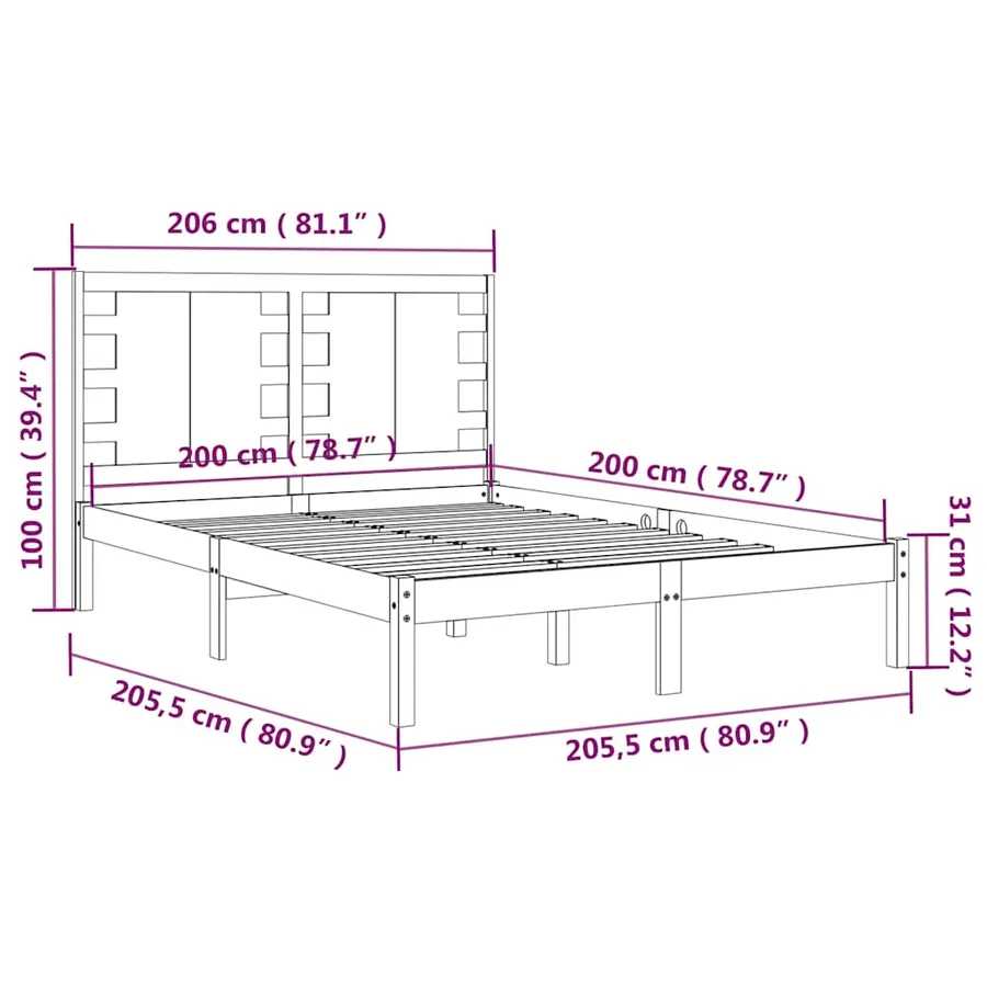 Cadre de lit sans matelas noir 200x200 cm bois massif de pin - 6