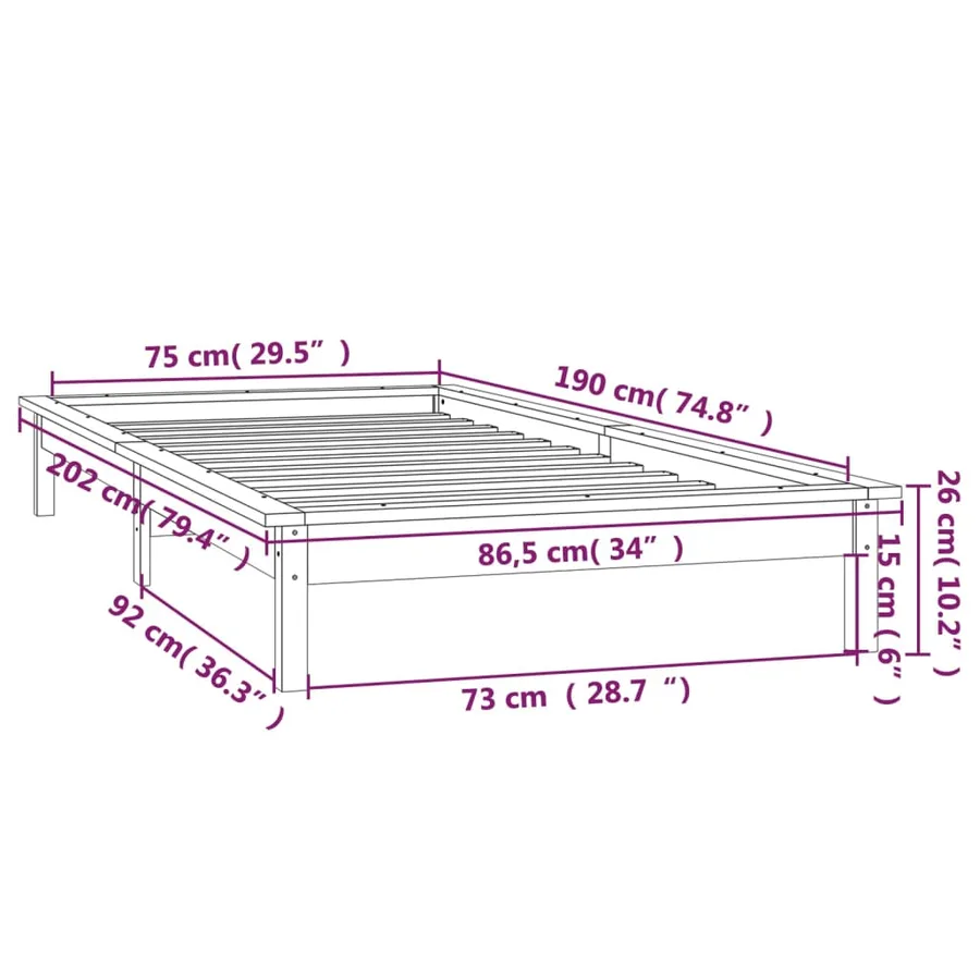 Cadre de lit à LED 75x190 cm petit simple bois massif - 13