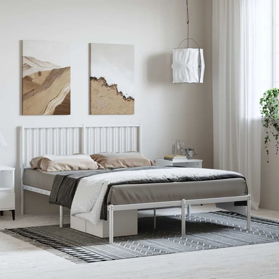 Cadre de lit métal sans matelas et tête de lit blanc 135x190 cm