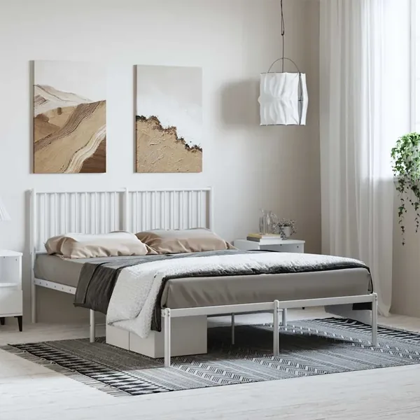 Cadre de lit métal sans matelas et tête de lit blanc 135x190 cm