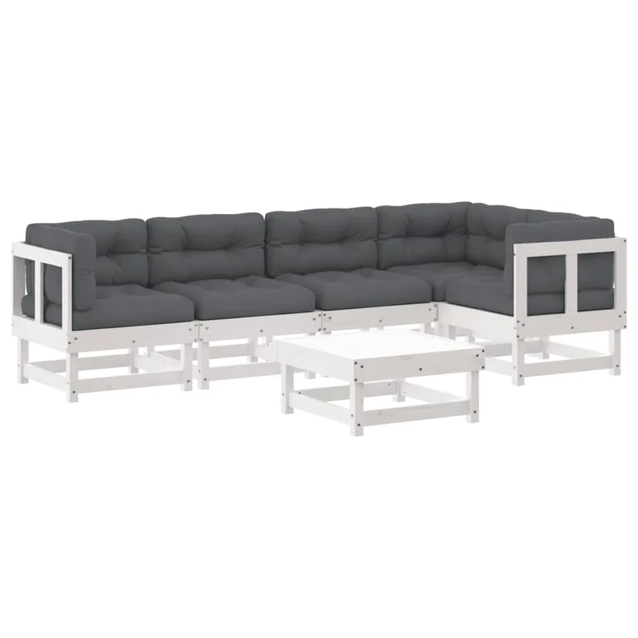 Salon de jardin 6 pcs avec coussins blanc bois massif - 2