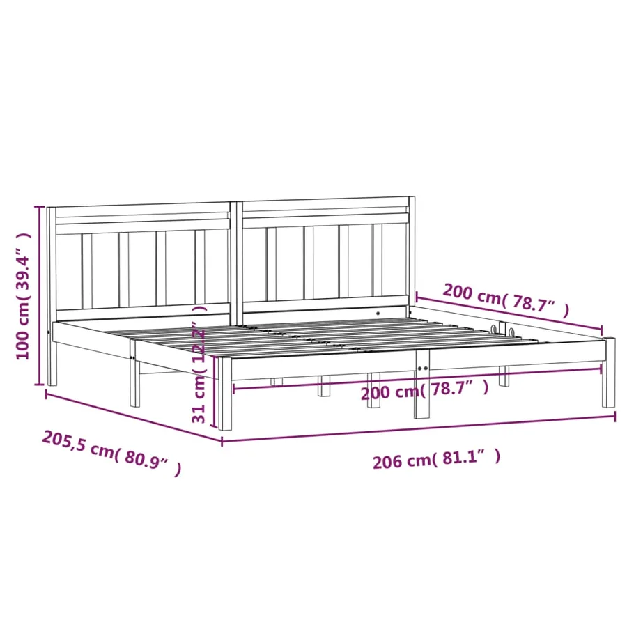 Cadre de lit sans matelas gris bois massif 200x200 cm - 9