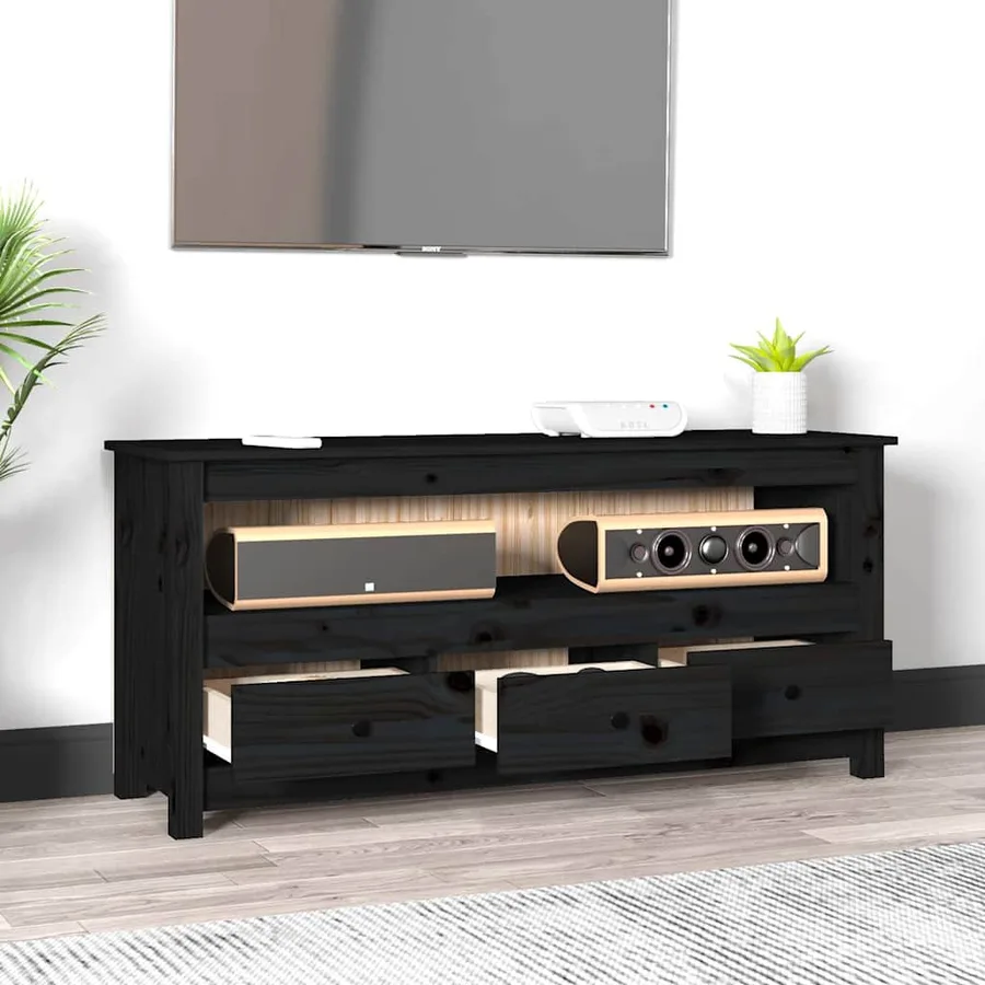 Meuble TV Noir 114x35x52 cm Bois de pin massif - 3