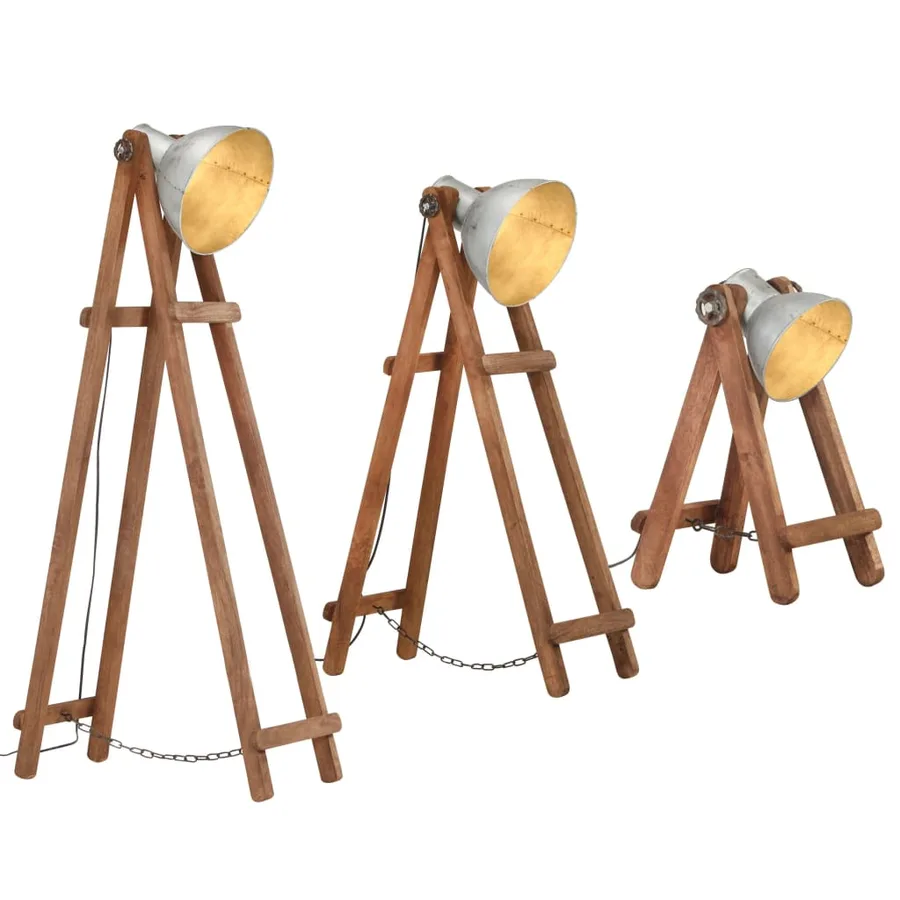 Lampadaires 3 pcs Argenté E27 Bois de manguier massif - 2