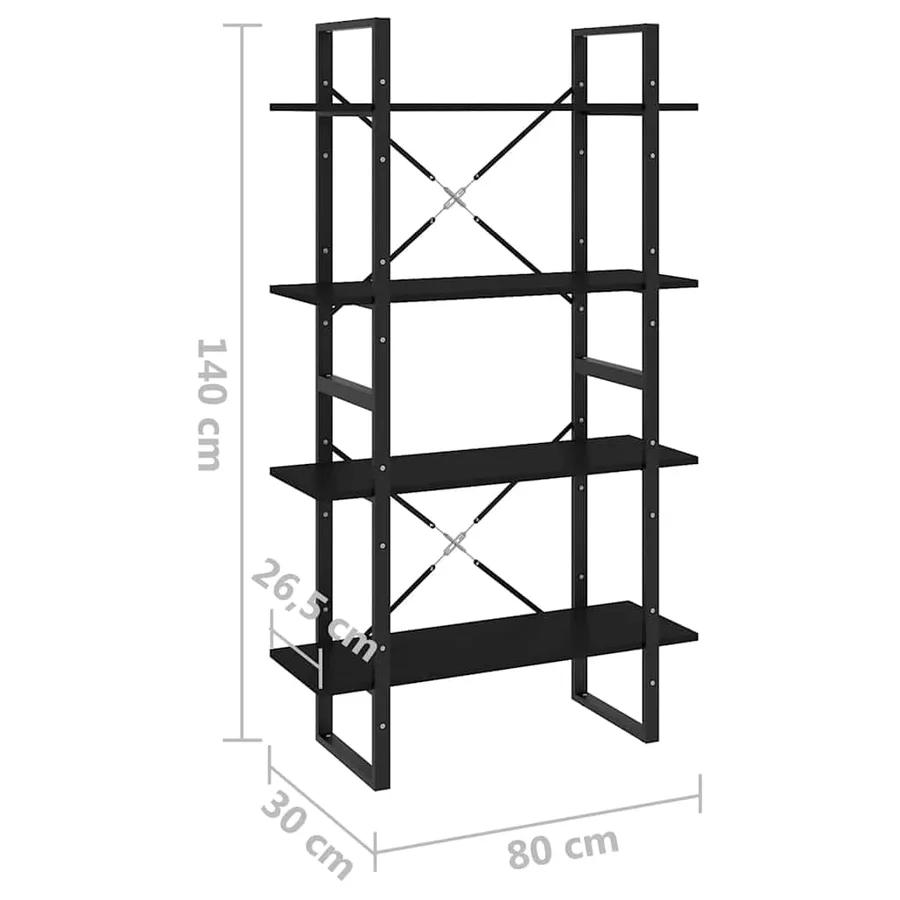 Bibliothèque à 4 niveaux noir 80x30x140 cm bois d'ingénierie - 7